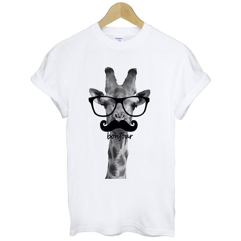 Giraffe-bonjour white gray t shirt - เสื้อยืดผู้ชาย - ผ้าฝ้าย/ผ้าลินิน ขาว