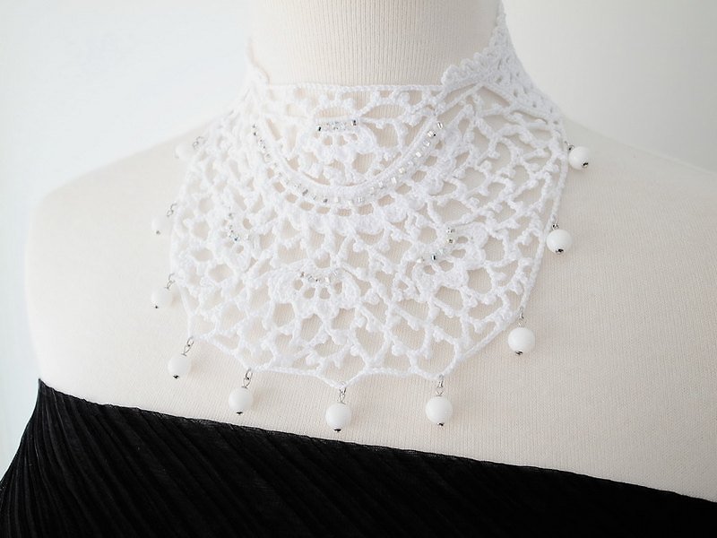 Irish Crochet Lace Jewelry (White World) Bib Necklace - Necklaces - Cotton & Hemp White