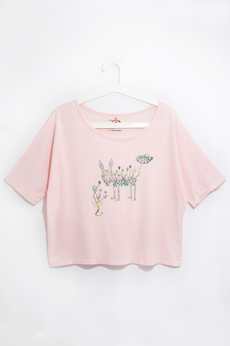 女裝手感短版上衣 / T-shirt - 非洲草原斑馬 (  粉紅 ) - 女裝 上衣 - 棉．麻 粉紅色