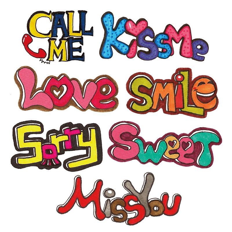 Valentine's Day-Hand-painted American Style English Small Language Waterproof Stickers-Love Set 7pcs - Stickers - Paper Multicolor