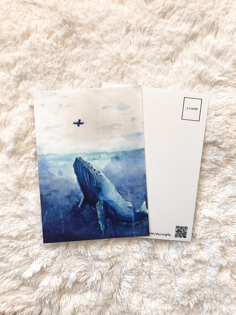 動物明信片 鯨魚　與鳥 - 卡片/明信片 - 紙 藍色
