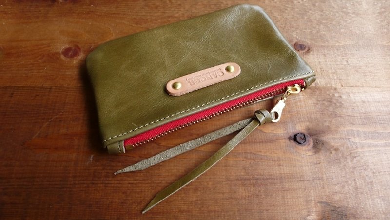 萬用革袋-五吋小錢包/財布(爆裂紋橄欖綠/紅) - 財布 - 革 レッド