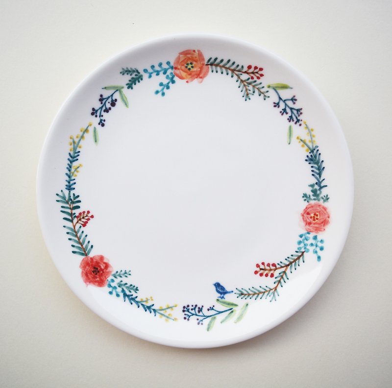Hand-painted 6-inch Cake Plate Dinner Plate-Wreath and Little Blue Bird - Small Plates & Saucers - Porcelain Red