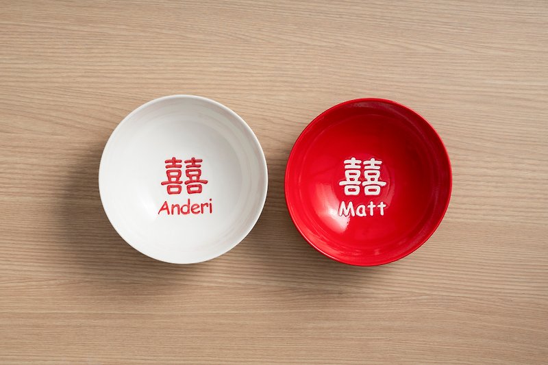 【Customized】happiness/wedding gifts A red and white bowl set (large) - Bowls - Porcelain Red