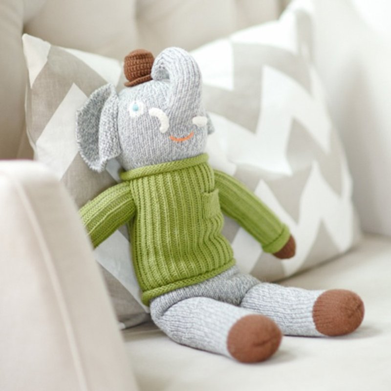 American Blabla Kids | Pure Cotton Knitted Doll (Small Only)-Happy Green Sweater Gray Elephant - Kids' Toys - Cotton & Hemp Green