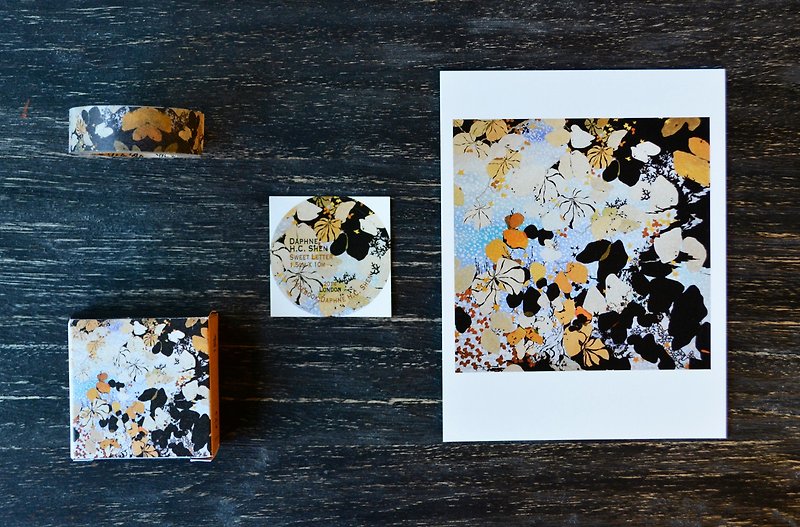 Sweet Letter Hand-painted Paper Tape + Postcard Set Sweet Letter Flower Plant Ginkgo Leaf Autumn - Cards & Postcards - Paper Gold