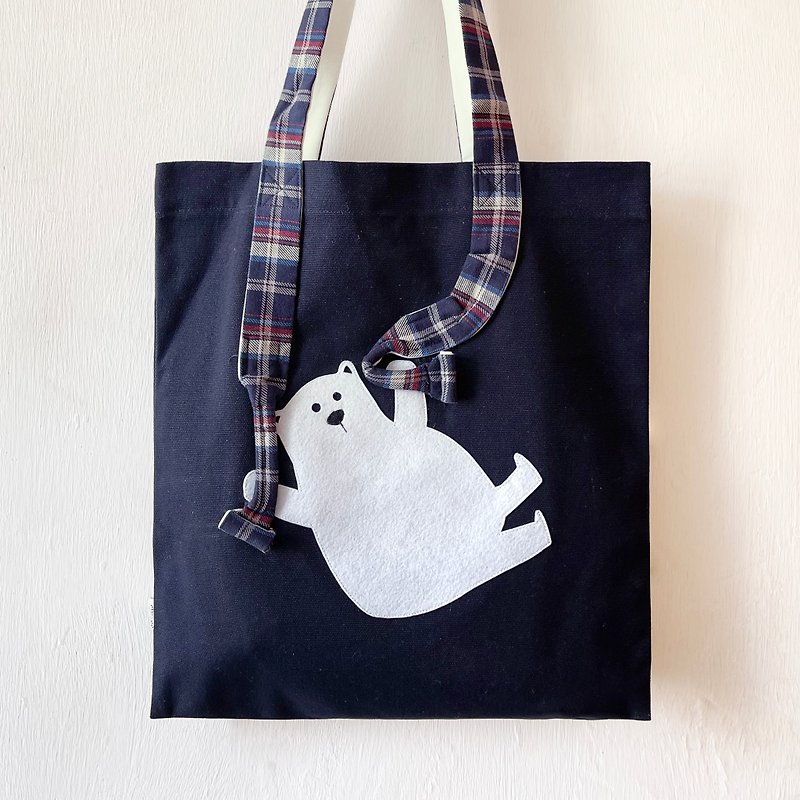 Polar Bear, Handmade Canvas Tote Bag - กระเป๋าแมสเซนเจอร์ - ผ้าฝ้าย/ผ้าลินิน สีน้ำเงิน