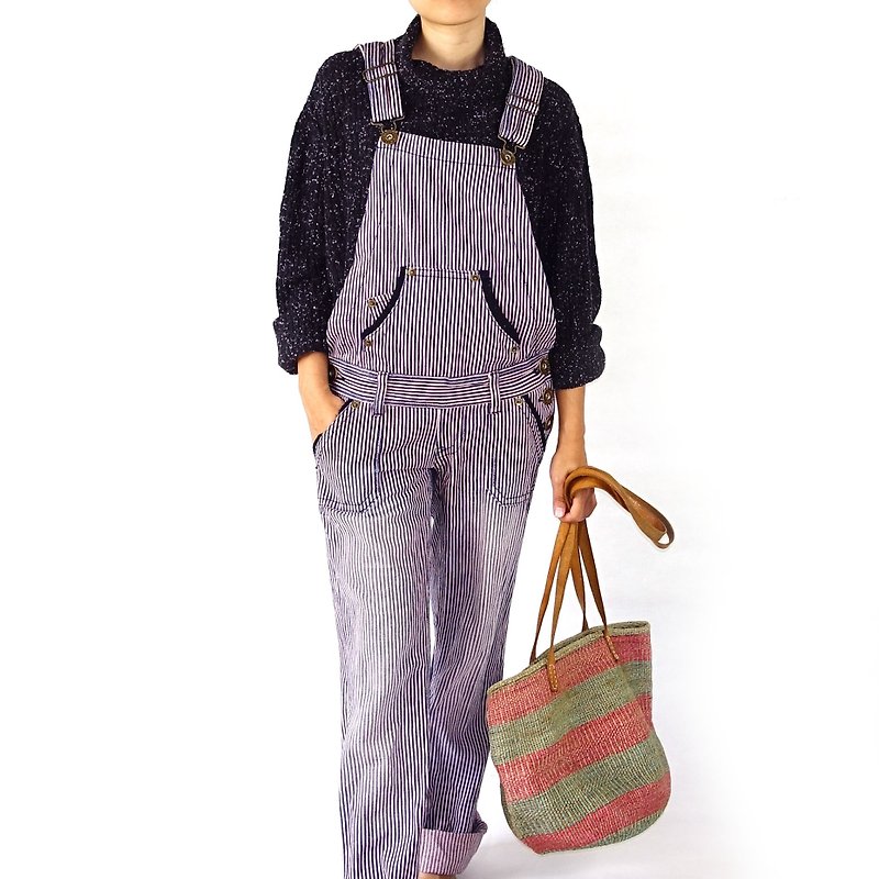 BajuTua / vintage / pink X denim blue work pants Houmian / suspenders pants - จัมพ์สูท - ผ้าฝ้าย/ผ้าลินิน สึชมพู