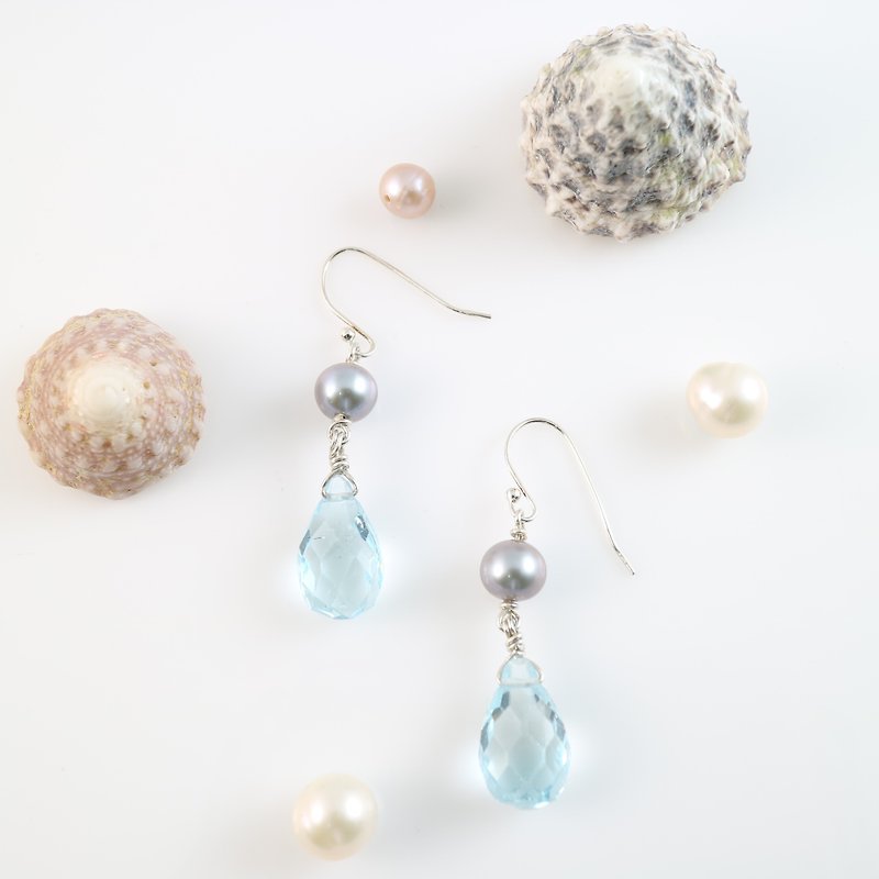 Natural light blue Stone and floating natural gray pearl sterling silver earrings - Earrings & Clip-ons - Gemstone Blue