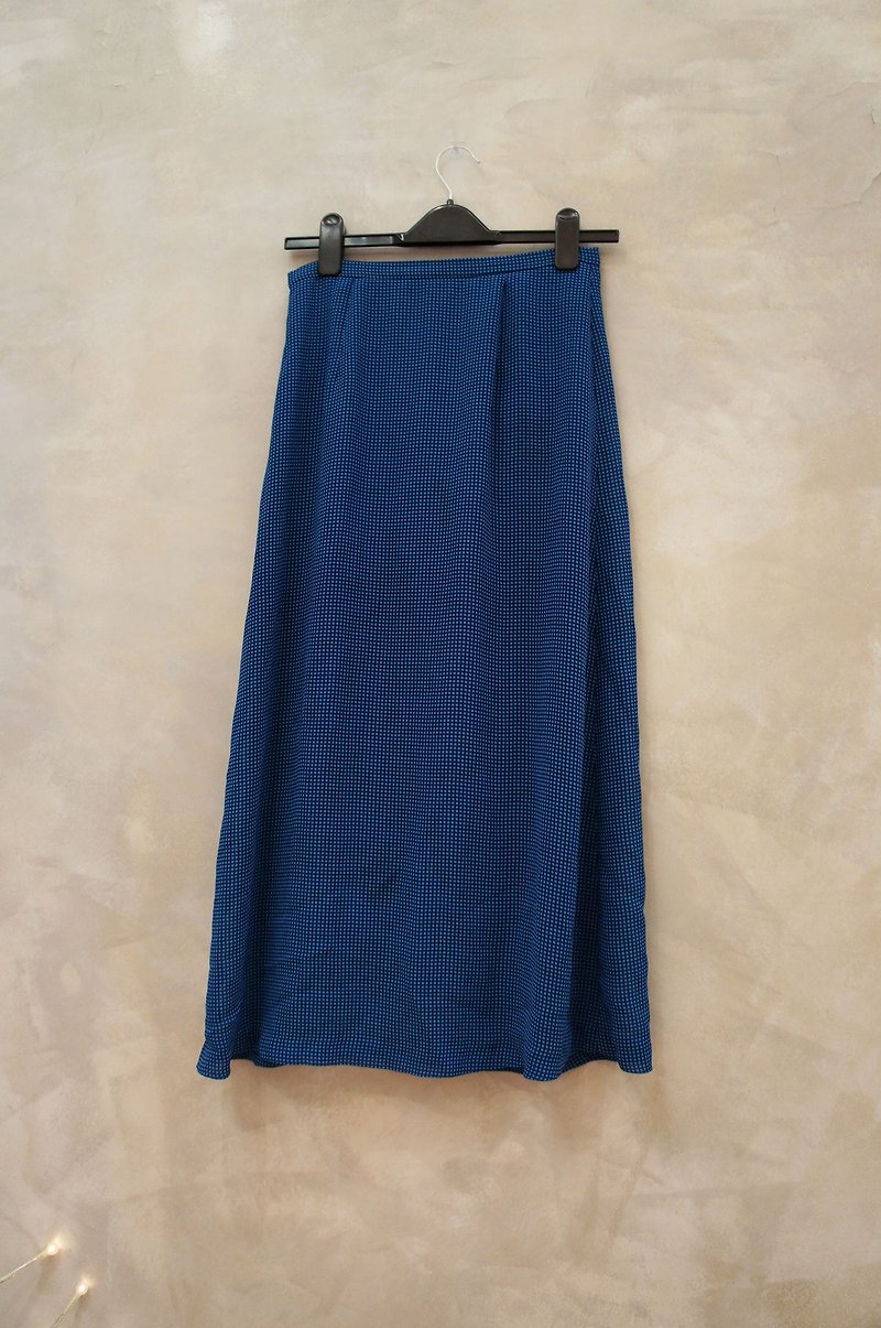 Blue-green background dark blue plaid chiffon dress vintage PdB - Skirts - Other Materials Blue
