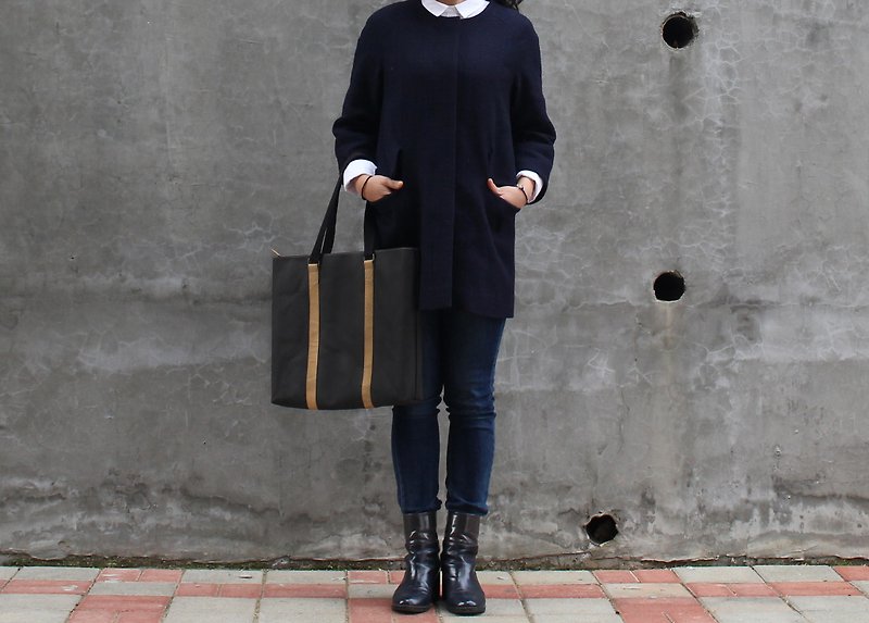 Vertical Stripe Tote Bag-Black - Handbags & Totes - Paper Black