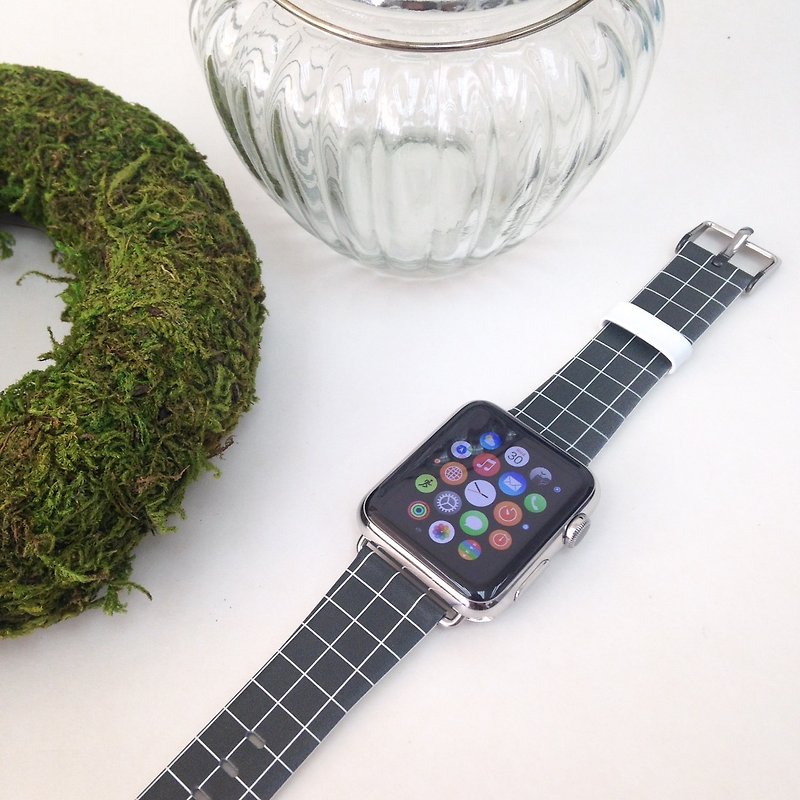 Green Checker Printed on Leather watch band for Apple Watch Series 1 - 5 Fitbit - สายนาฬิกา - หนังแท้ สีเขียว
