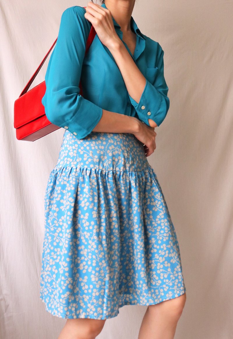 Sky blue color matching silk print A-line skirt (S size clear) - Skirts - Silk 