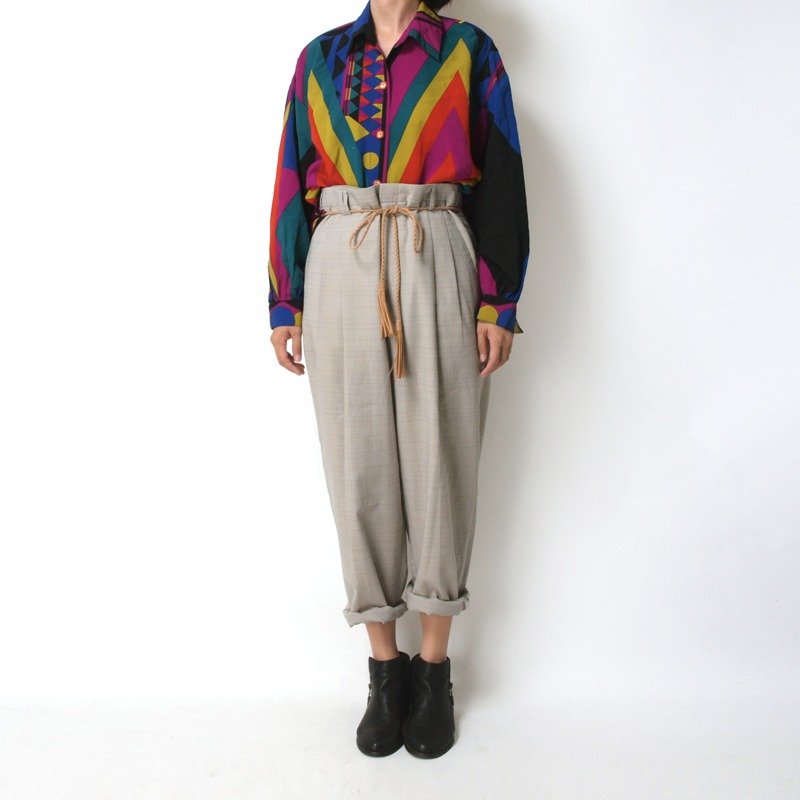 │moderato│最舒服的米色格紋古著褲│森林復古.英倫.文藝青年 - 女長褲 - 其他材質 卡其色