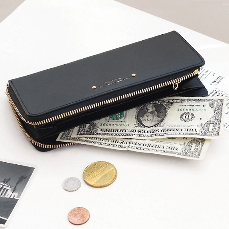 Dessin x Iconic-Zipup modern riveting deduction zipper long wallet (L) V3- whims black, ICO82620 - Wallets - Genuine Leather Black