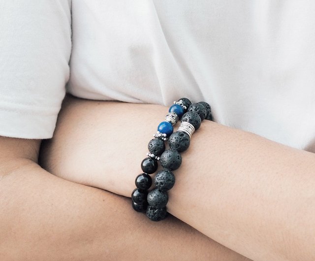 Lapis and Lava Stone with Gold Beaded Bracelet