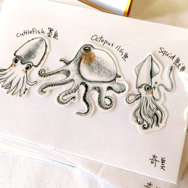 紙 貼紙 - 海洋風防水章魚魷魚墨魚貼紙