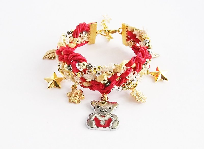 Red teddy bear braided bracelet - สร้อยข้อมือ - วัสดุอื่นๆ สีแดง