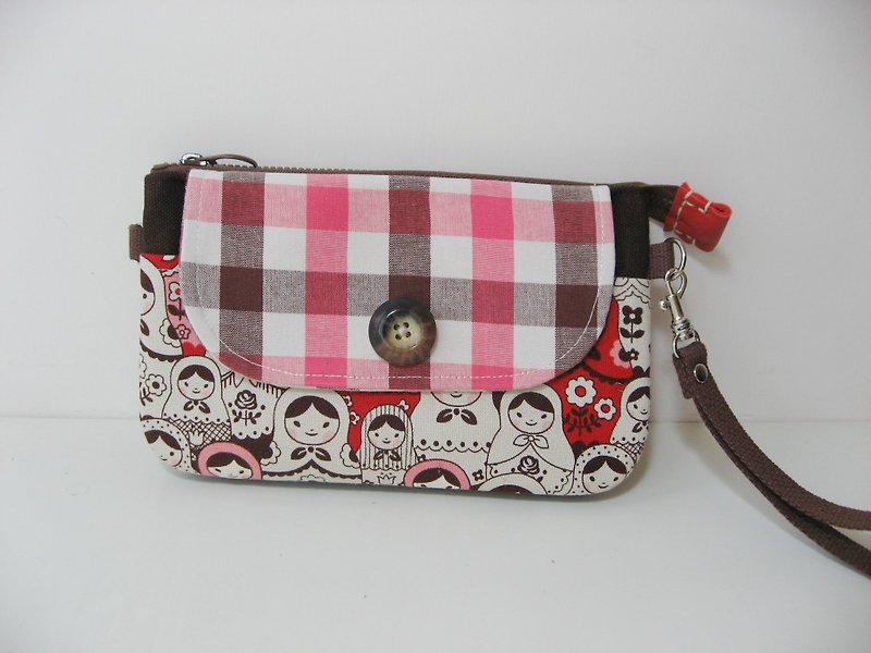 Double zipper bag / Clutch bag / Messenger bag / Phone bag-Russian doll (red pink) - อื่นๆ - วัสดุอื่นๆ สีแดง