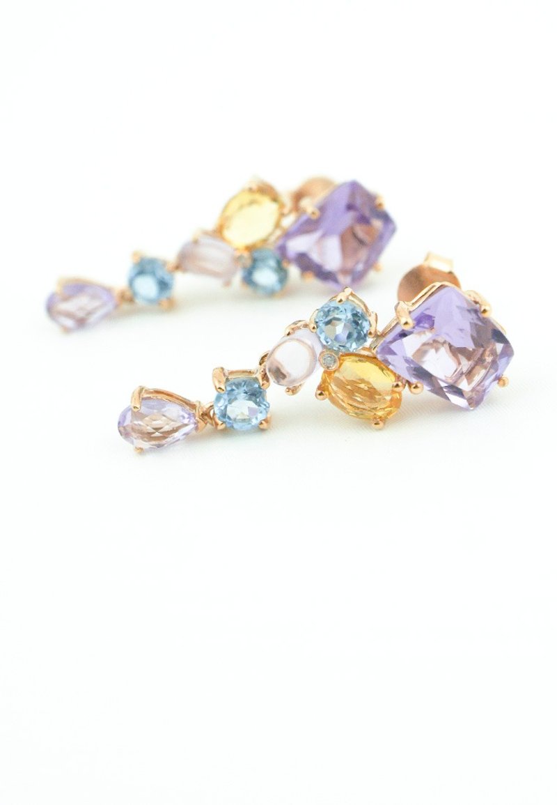 MEADOW - 6mm Faceted Quadrilateral Amethyst Set with Colour Gemstones 18K Rose Gold Plated Silver Earring - ต่างหู - เครื่องเพชรพลอย สีม่วง