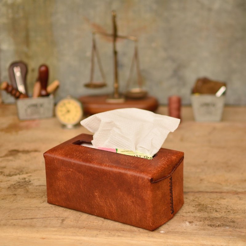 Shika 夕卡革物 -  手縫面紙盒 （義大利植鞣革）// 豆茶色 - 居家收納/收納盒/收納用品 - 真皮 咖啡色