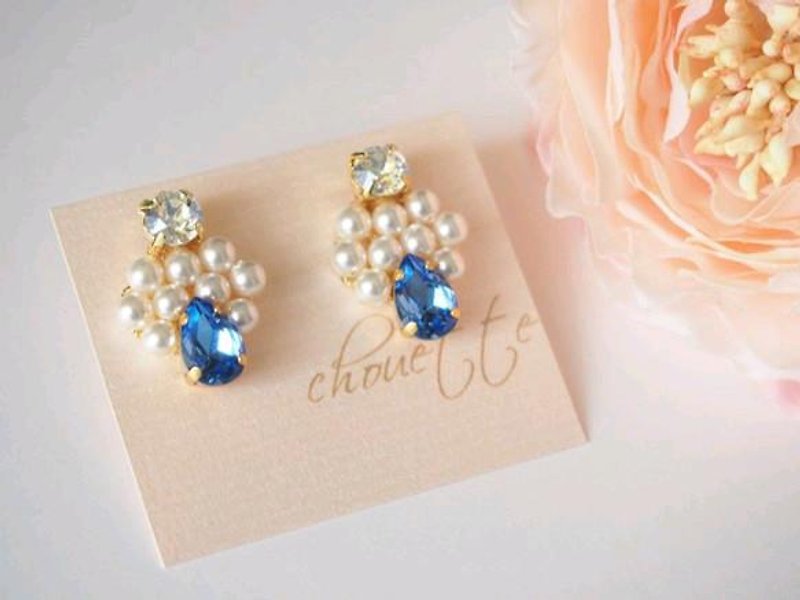 [14kgf] Pearl & Sapphire Blue Bijou earrings - Earrings & Clip-ons - Other Metals 