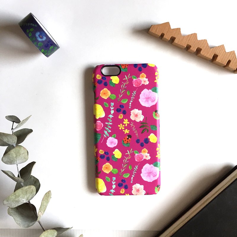 Ladybugs Floral iPhone7 Case- Tropical Flowers Wild Berries, Botanical Pattern iPhone Case Gift for Her, Personalization Phone Case, Samsung - เคส/ซองมือถือ - พลาสติก สึชมพู