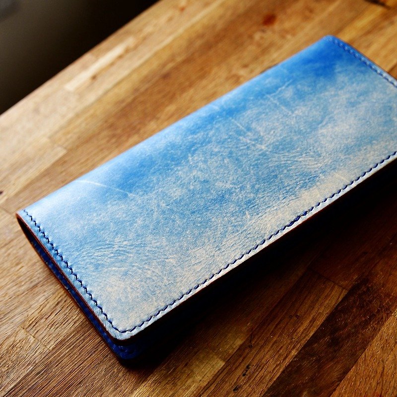 Cans Handmade Pure Handmade Skyline Blue Skyline Hand Dyed Vegetable Tanned Leather Women's Long Wallet Cowhide Leather Wallet - Wallets - Genuine Leather Blue