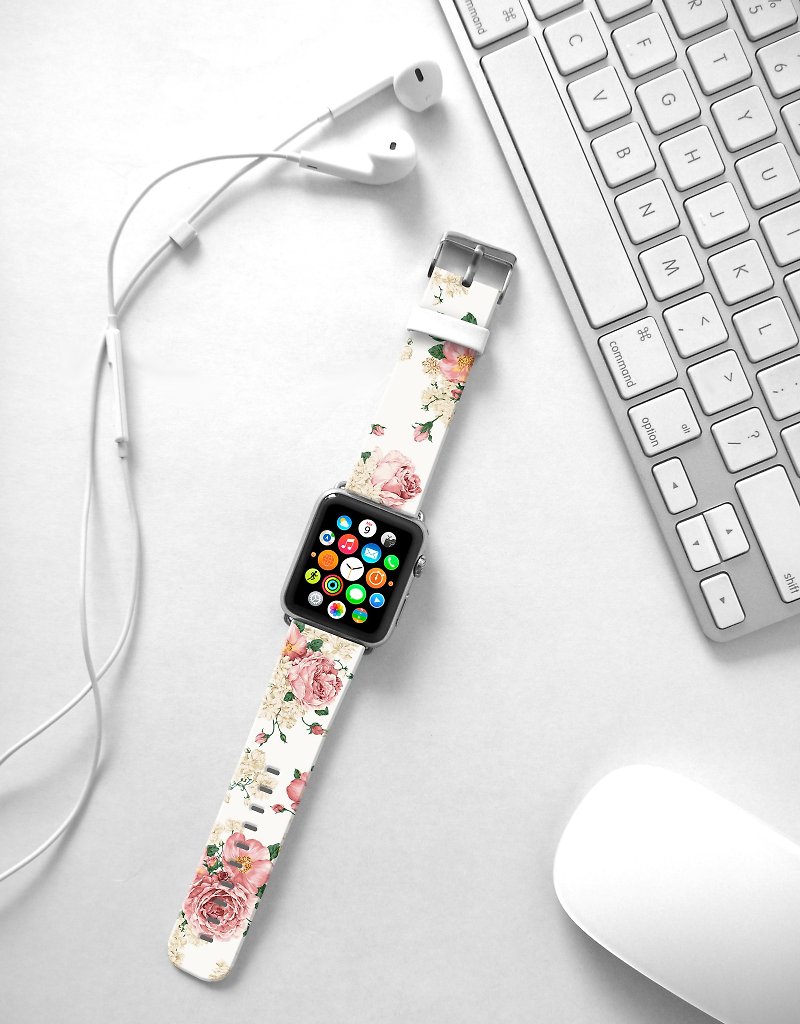 Apple Watch Series 1 , Series 2, Series 3 - Apple Watch 真皮手錶帶，適用於Apple Watch 及 Apple Watch Sport - Freshion 香港原創設計師品牌 - 粉紅玫瑰花紋 - 錶帶 - 真皮 