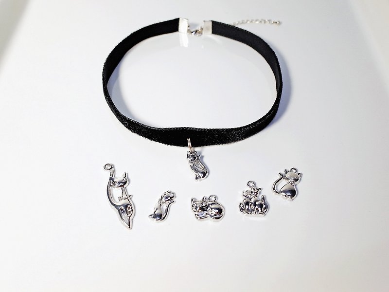 貓咪喵 絨面緞帶頸鍊 (4色) - 項鍊 - 其他材質 黑色