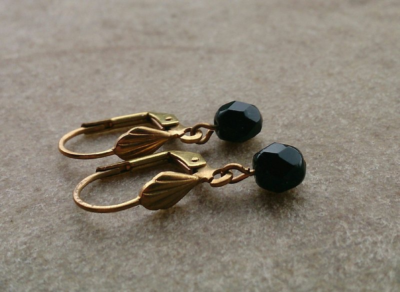 寶石 耳環/耳夾 黑色 - 黑色玻璃黃銅耳環