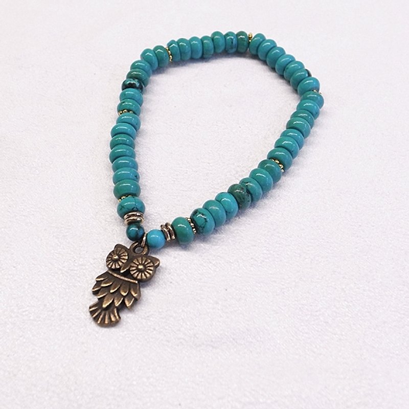 ☽ Qi Xi hand for ☽ [07198] series owl paragraph flat turquoise beads with copper block - งานโลหะ/เครื่องประดับ - วัสดุอื่นๆ สีเขียว