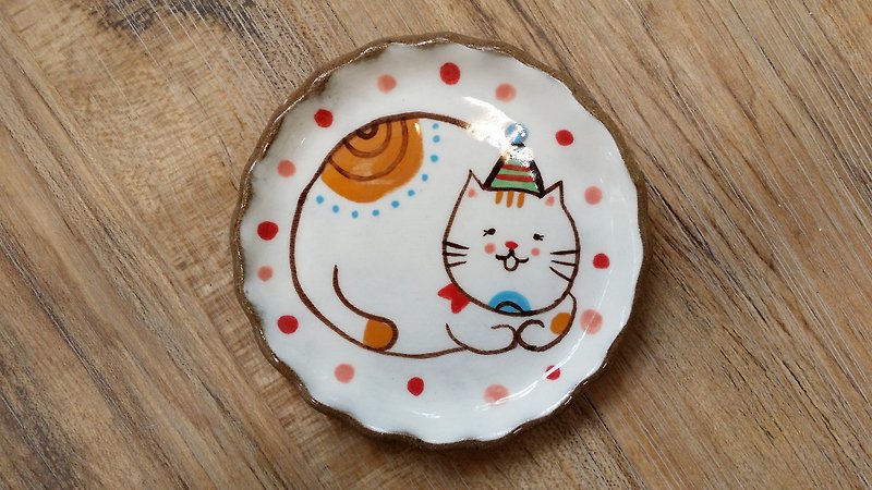 【Animal disc】Big fat cat with green hat - Pottery & Ceramics - Pottery 