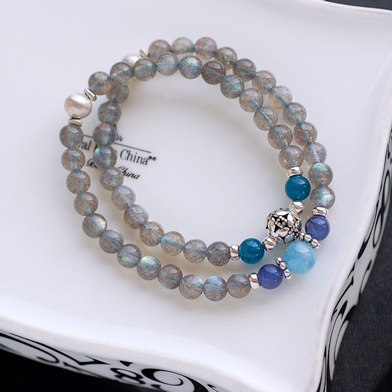 Lengshi stone + Danquan stone + apatite * Seamura silver sterling silver ball round double bracelet - สร้อยข้อมือ - เครื่องเพชรพลอย สีเทา