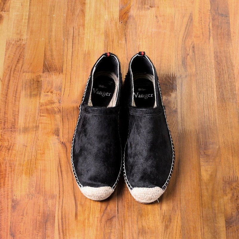 Vanger elegant and beautiful ‧ Simple Slip-On hand-hemp straw shoes Va199 horse hair black - Men's Casual Shoes - Genuine Leather Black