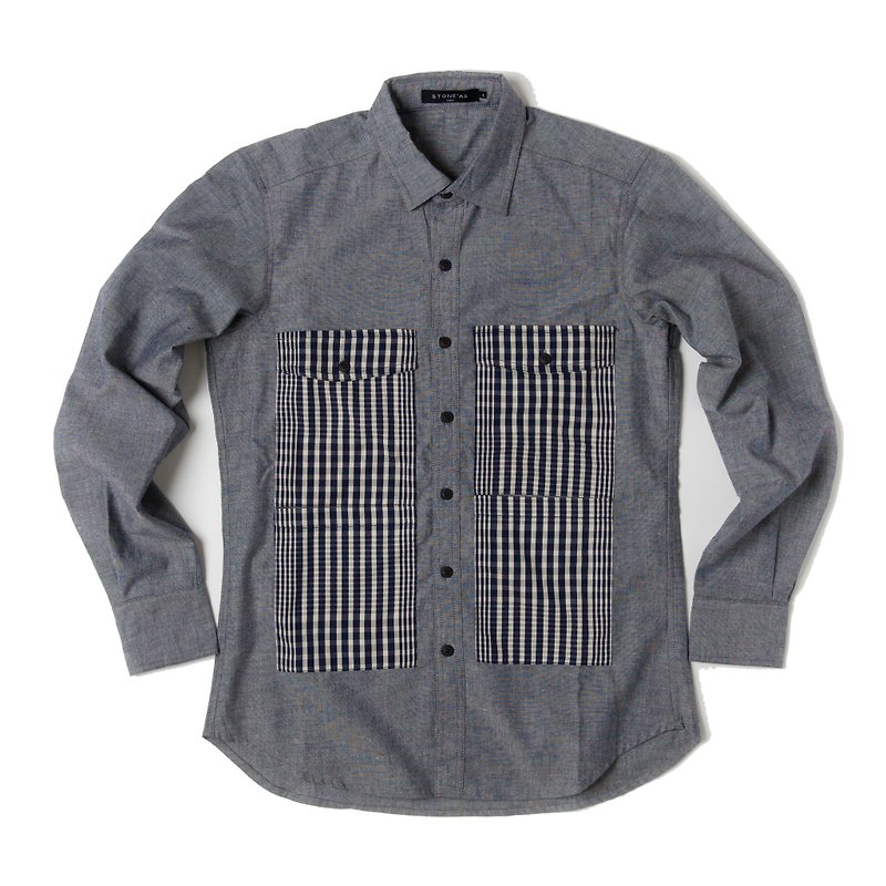 Stone'As Plaid Pocket Shirt / 牛津 格紋 格子 口袋 襯衫 - 男襯衫/休閒襯衫 - 其他材質 藍色