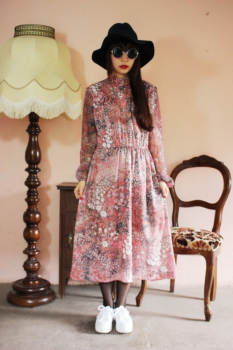 其他材質 洋裝/連身裙 粉紅色 - F1126(Vintage)粉橘色白色小花朵長袖古著洋裝