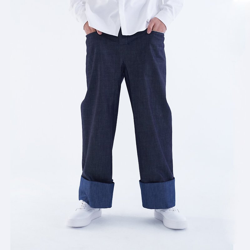TRAN - Anti-fold wide pants - กางเกงขายาว - ผ้าฝ้าย/ผ้าลินิน สีน้ำเงิน