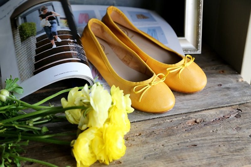 真皮 女休閒鞋/帆布鞋 黃色 - SUD牛皮芭蕾鞋Macaron黃