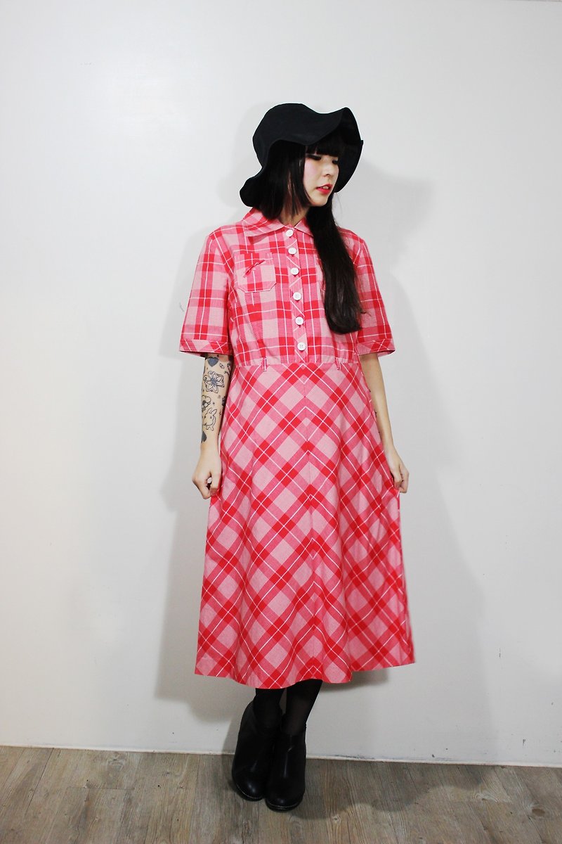 F554 (Vintage) fine white checkered cotton short-sleeved red dress {vintage} - One Piece Dresses - Other Materials Red