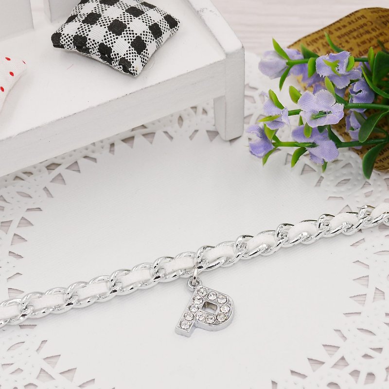 * Poof Princess sugar - Full Diamond Alphabet suede bracelet (white) optional word - สร้อยข้อมือ - โลหะ 
