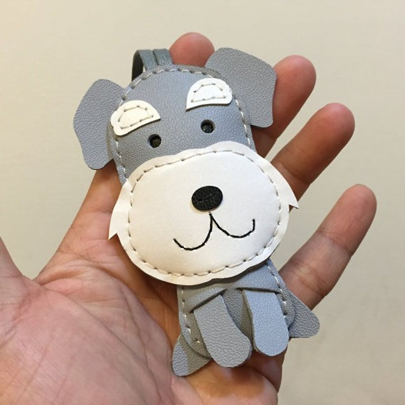 Healing small things gray/white cute Schnauzer hand-stitched leather charm large size - พวงกุญแจ - หนังแท้ สีเทา