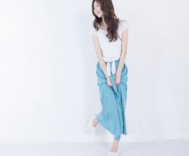 SUMI ◆ unicorn embroidered blue-green small lotus leaf skirt ◆ 4SF300_ - Skirts - Cotton & Hemp Blue