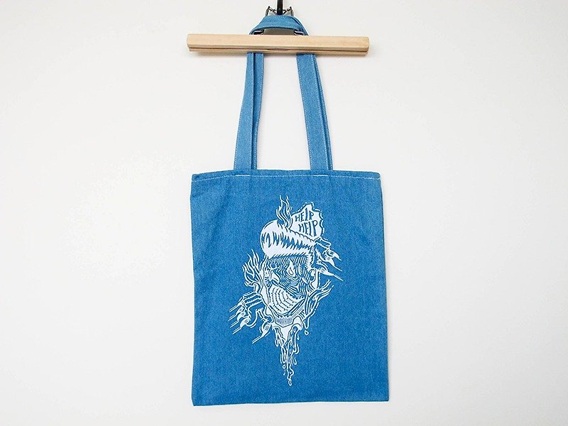 Mayday!! Mayday!!--Silk Print // Denim Shoulder Back - Messenger Bags & Sling Bags - Other Materials Blue