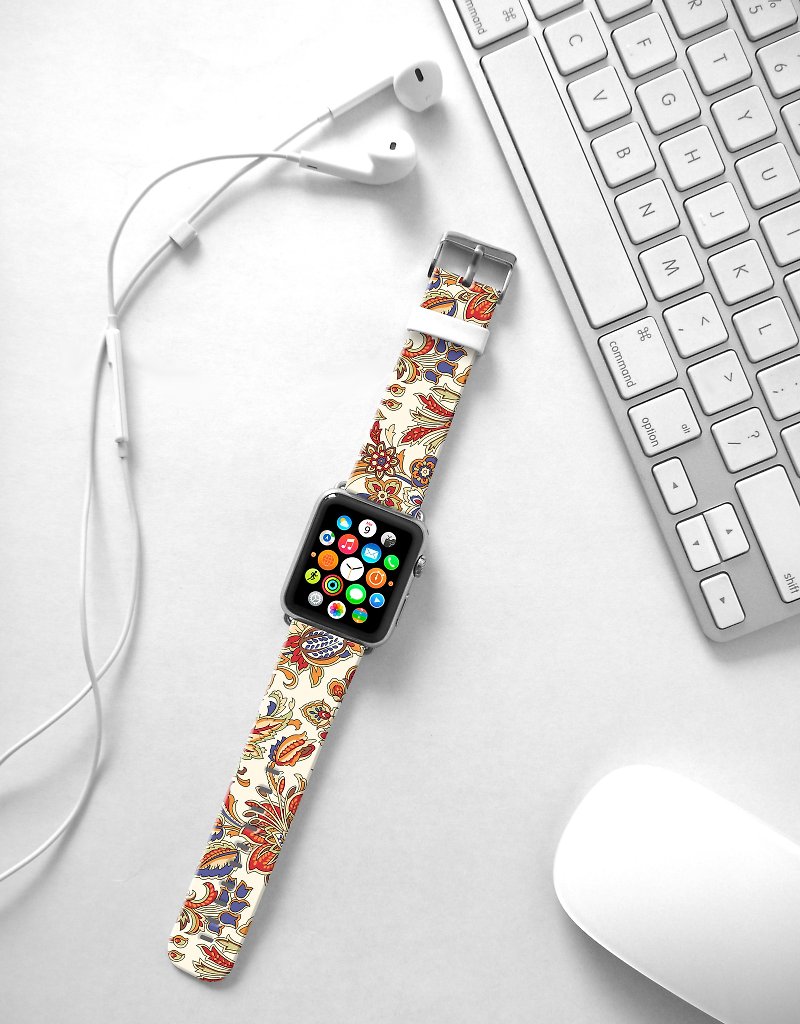 Apple Watch Series 1 , Series 2, Series 3 - Brown Floral Pattern Watch Strap Band for Apple Watch / Apple Watch Sport - 38 mm / 42 mm avilable - สายนาฬิกา - หนังแท้ 