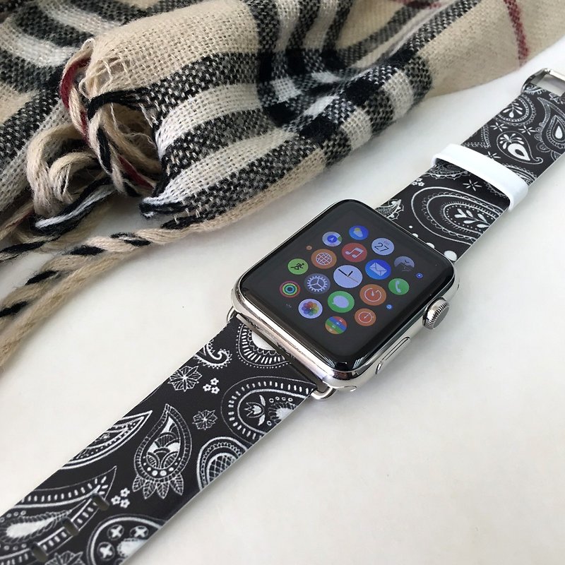 Apple Watch Series 1 ～ 5 用のレザー時計バンドにペイズリー ブラック プリント - 腕時計ベルト - 革 ブラック
