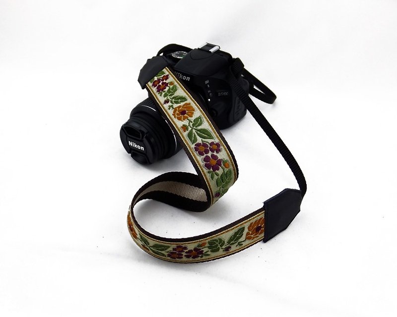 相機背帶 個性客製 可印字 真皮拼接 刺繡花紋  民族風005 - 相機背帶 - 真皮 橘色