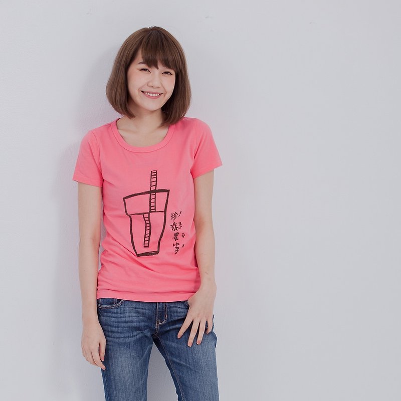 Taiwanese Bubble Tea peach cotton T-shirt - เสื้อยืดผู้หญิง - ผ้าฝ้าย/ผ้าลินิน สึชมพู