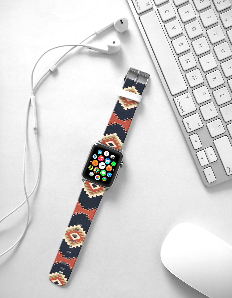 Apple Watch Series 1 , Series 2, Series 3 - Indigo Navajo Tribal Pattern Watch Strap Band for Apple Watch / Apple Watch Sport - 38 mm / 42 mm avilable - สายนาฬิกา - หนังแท้ 
