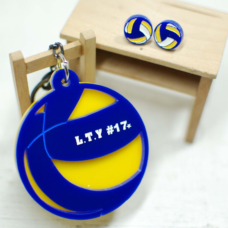 Volleyball key ring + volleyball earrings / engraved name / anniversary - ที่ห้อยกุญแจ - อะคริลิค ขาว